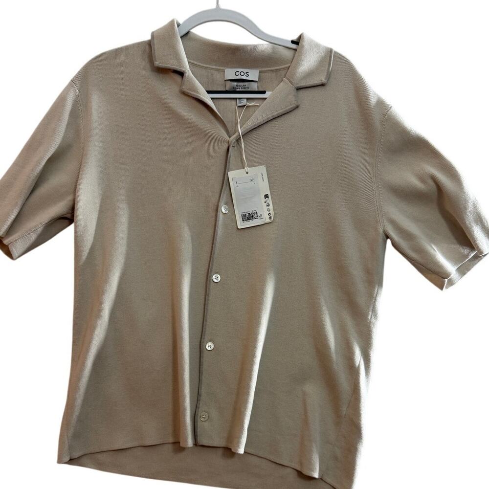 COS Knit Button Front Top Medium Beige Short Sleeve Cotton Minimalist Shirt NWT